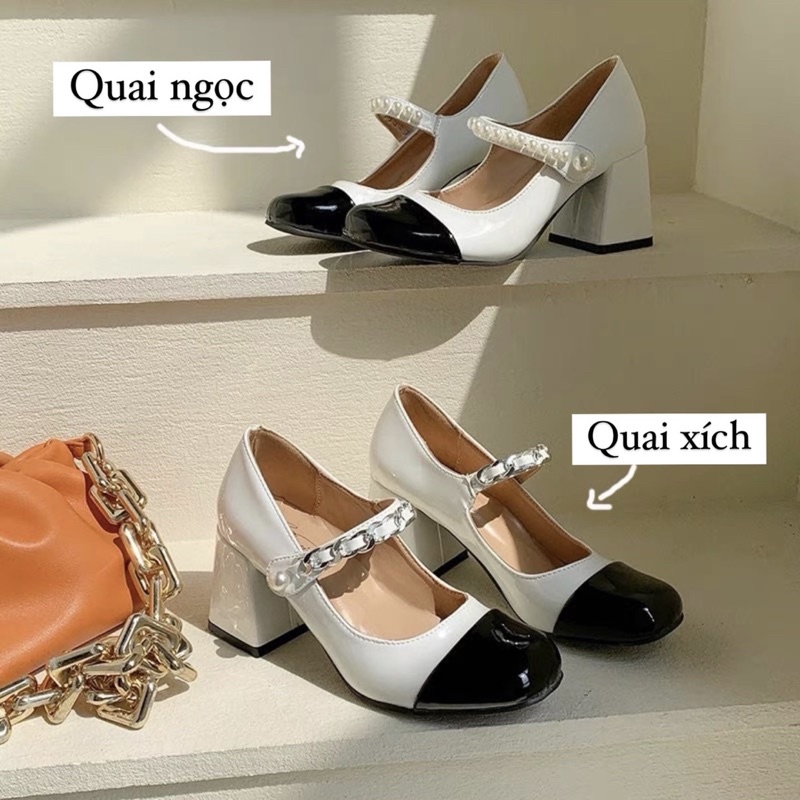 Giày búp bê nữ gót vuông da bóng quai phối xích đế cao từ 7cm