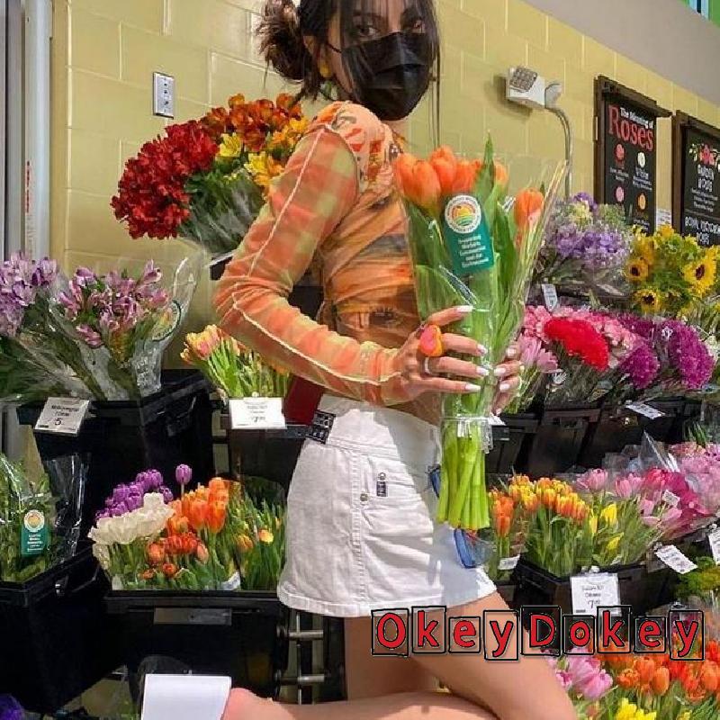 Áo Thun Crop Top Tay Dài Phối Lưới Xuyên Thấu Y2K Phong Cách Harajuku Cổ Điển Thời Trang Mùa Thu Cho Nữ 90s