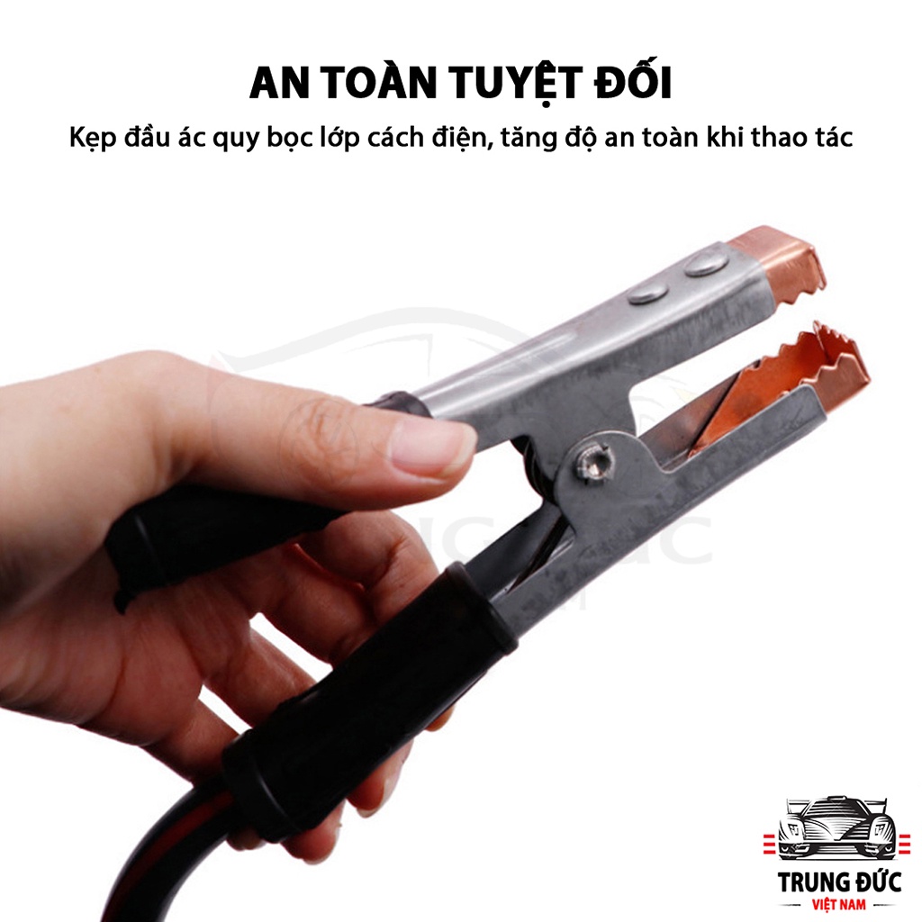 Dây câu bình Ắc Quy 1000A TRUNGDUCVN kích thước 3 mét lõi đồng siêu to, có kẹp cách điện giúp kích điện Ắc Quy cứu hộ