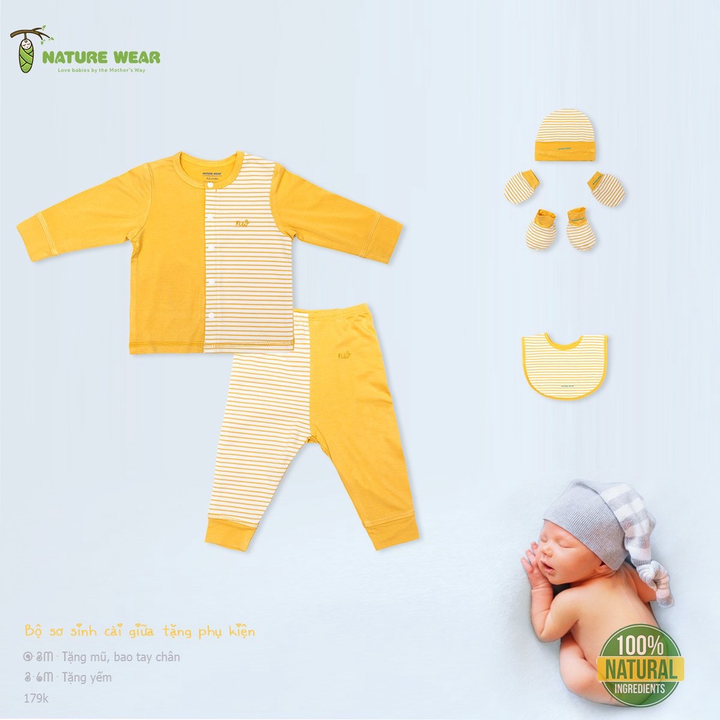 Bộ sơ sinh dài cài giữa kẻ Nature Wear