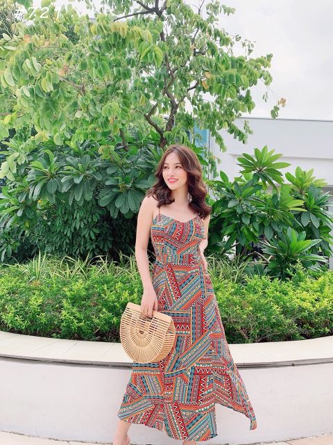 Đầm maxi thổ cẩm đan dây lưng sexy đi biển dạo phố