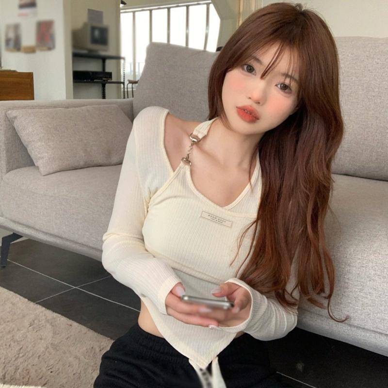 Áo Thun Tay Dài Phối Dây Xích Giả Hai Lớp Thời Trang Dành Cho Nữ