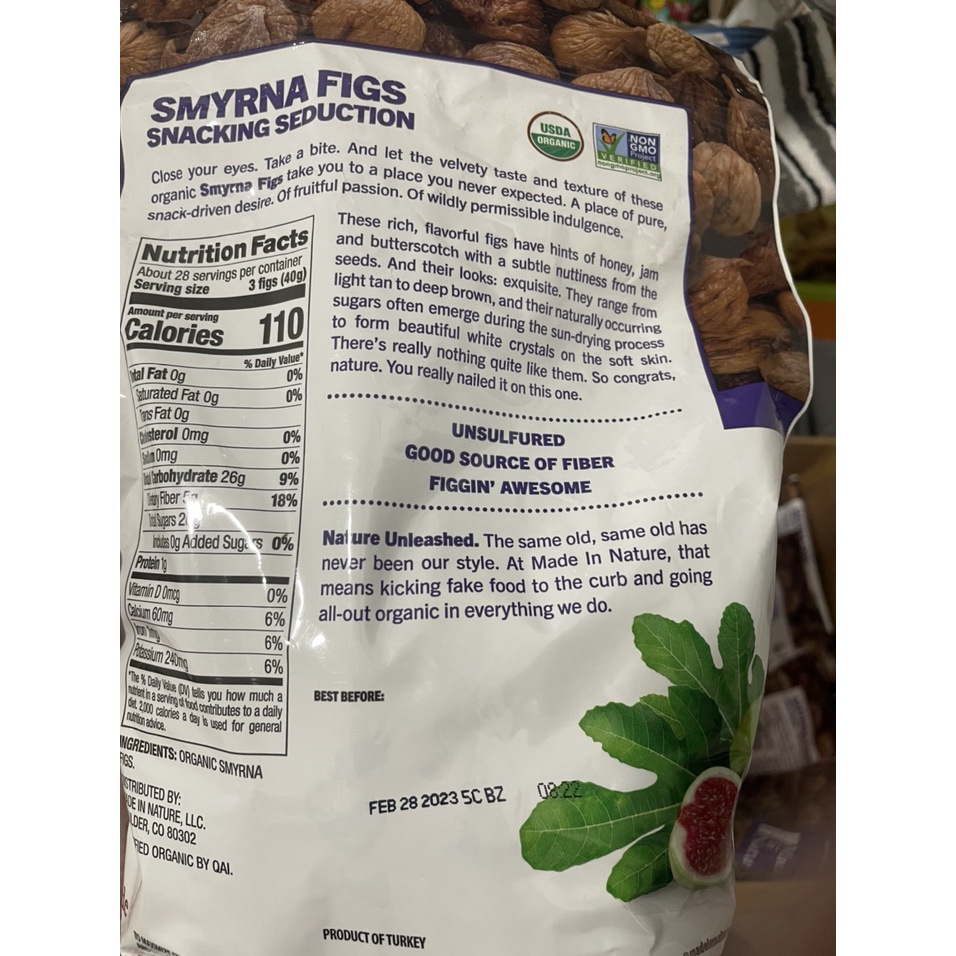Sung hữu cơ sấy dẻo date 12/2022 Made in Nature Organic Smyrna Figs 1,13kg - EDS Hàng Mỹ