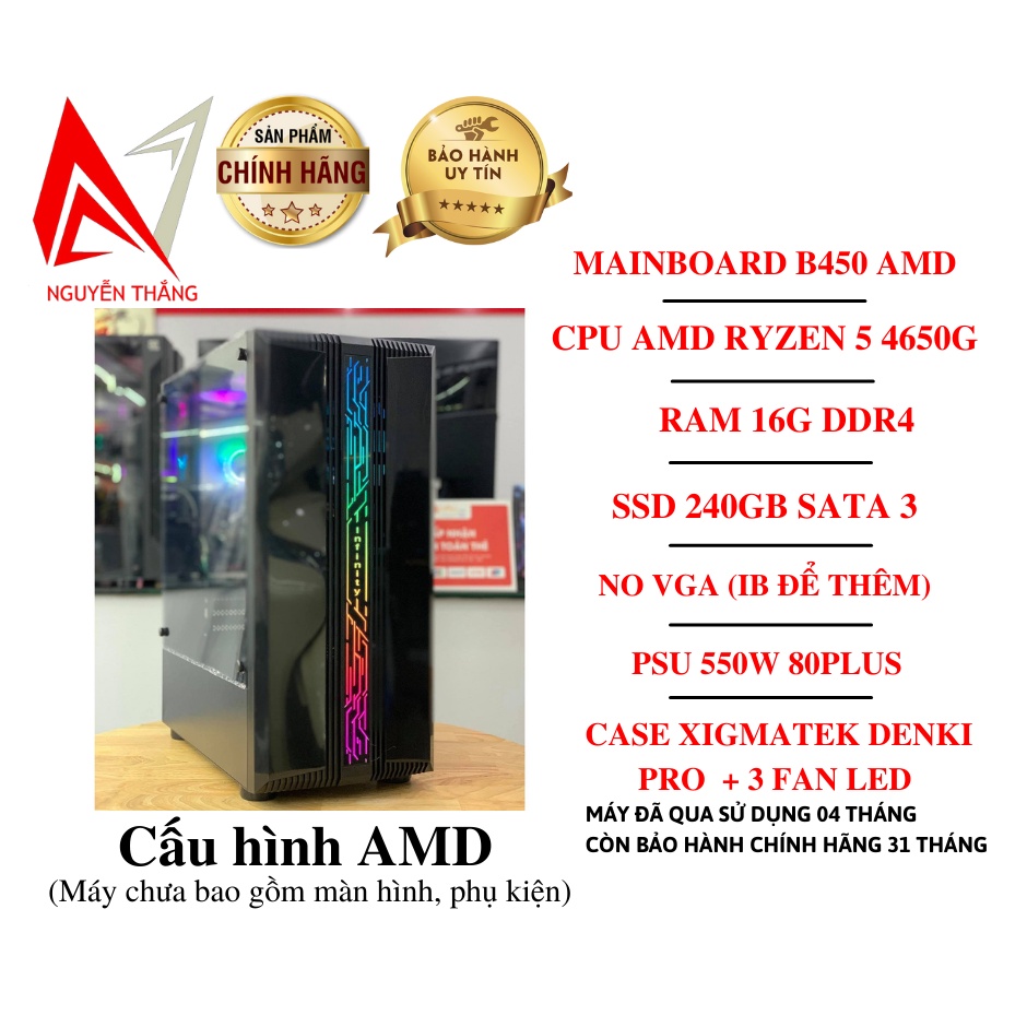 Thùng PC gaming AMD Giá rẻ (B450/ RYZEN 5 4650G/ CR-1000/ RAM 16G/ SSD 240G/ PSU 550W)