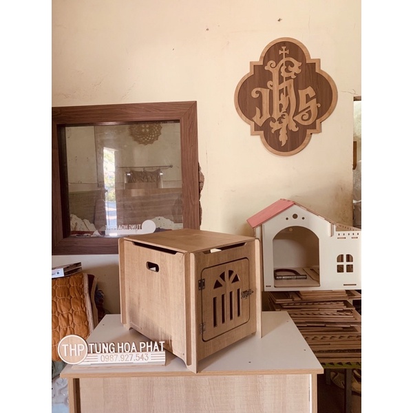 Nhà hộp vuông đơn giản cho chó mèo, gỗ cao cấp chống nước, size S 0-5kg