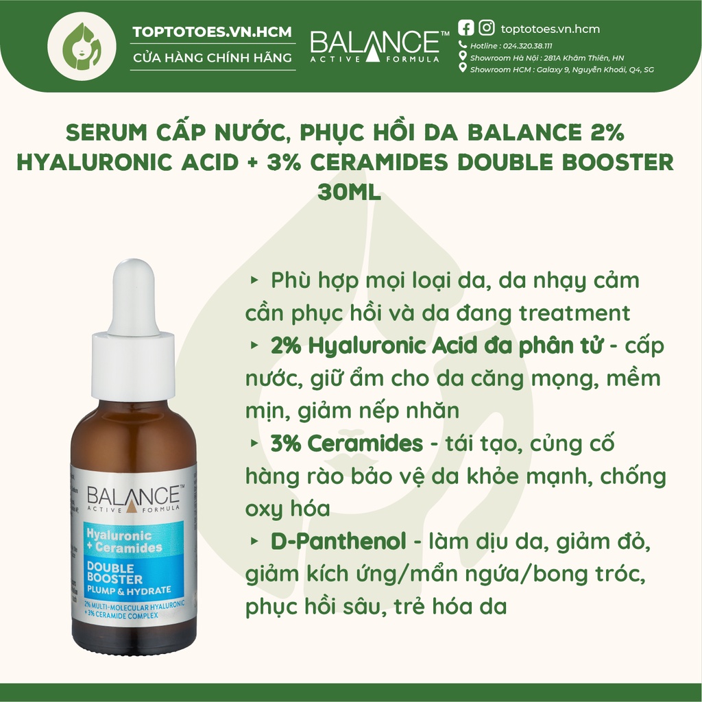 Serum cấp nước, phục hồi da Balance 2% Hyaluronic Acid + 3% Ceramides Double Booster 30ml [Nhập Khẩu Chính Hãng 100%]