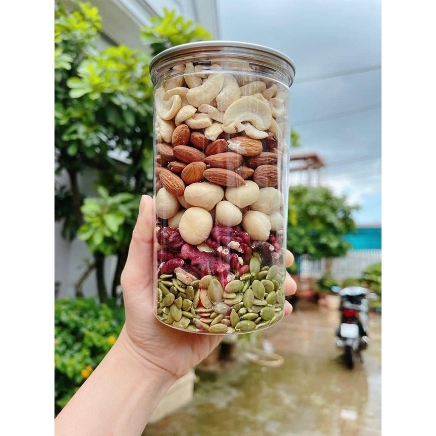 Hạt dinh dưỡng mix 5 loại hạt macca, hạt  điều, óc chó, hạt bí, hạt hạnh nhân hộp 500g loại cao câp