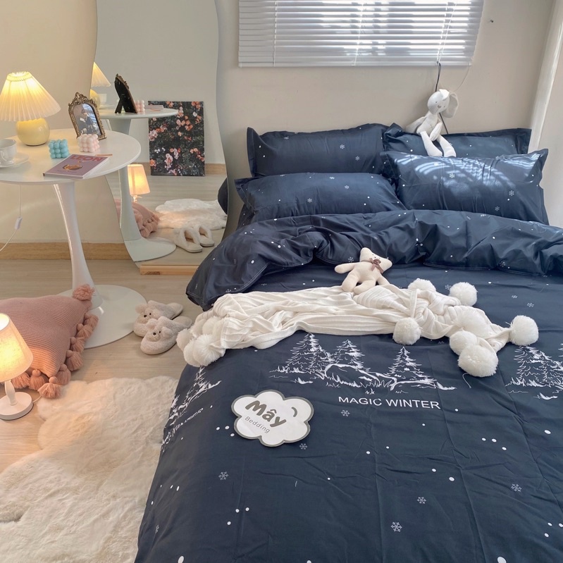 Bộ chăn ga gối Cotton Poly hoạ tiết trời đêm tối màu đen xanh đậm MÂY BEDDING đủ kích thước nệm