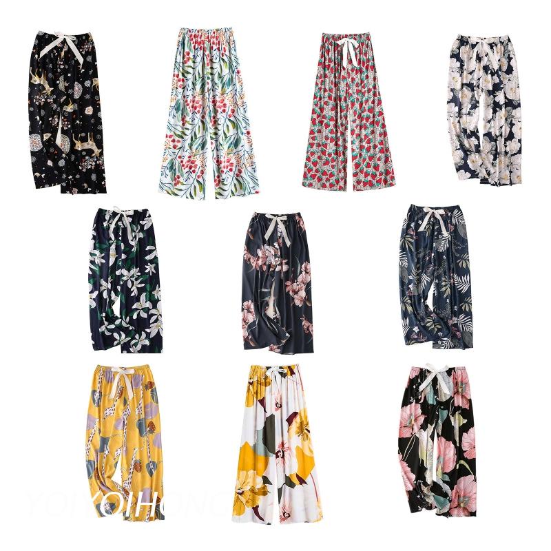 Quần Ngủ Ống Rộng Lưng Cao In Họa Tiết Hoa/Động Vật/Dâu Tây Phối Nơ Xinh Xắn Cho Nữ