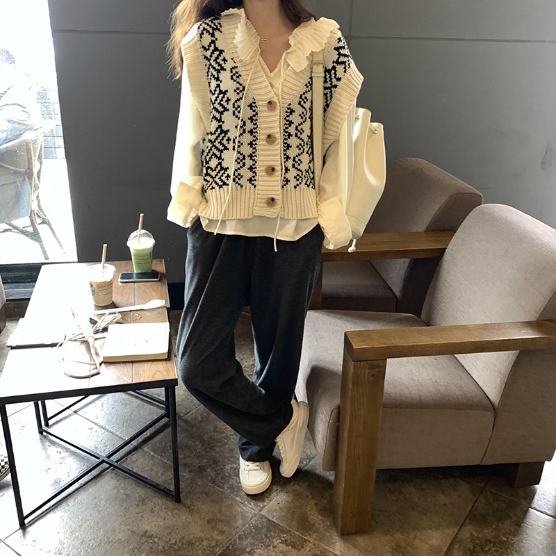 SUXI Áo len không tay cổ chữ v dáng rộng thời trang mùa thu theo phong cách hàn quốc cho nữ