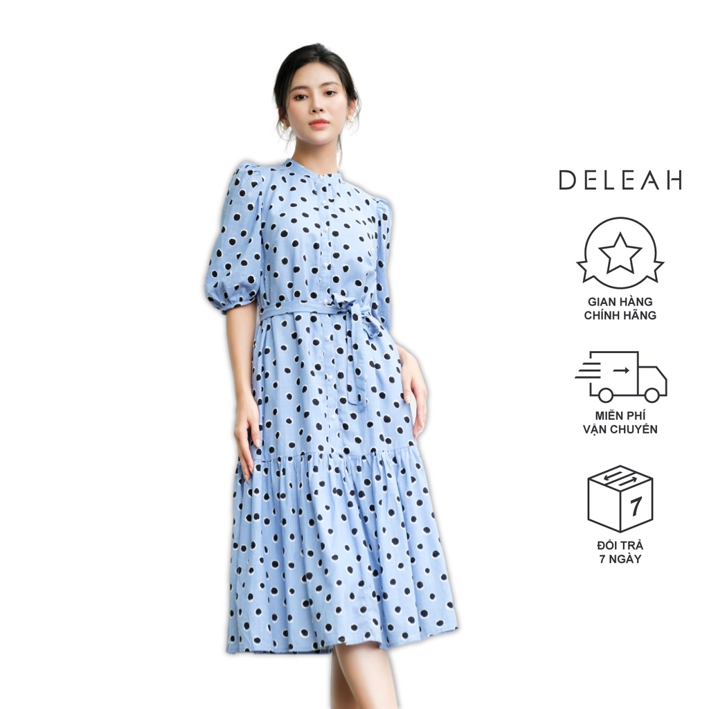Đầm suông đuôi cá De Leah thiết kế tay lỡ bồng chất vải linen cùng hoạ tiết chấm bi
