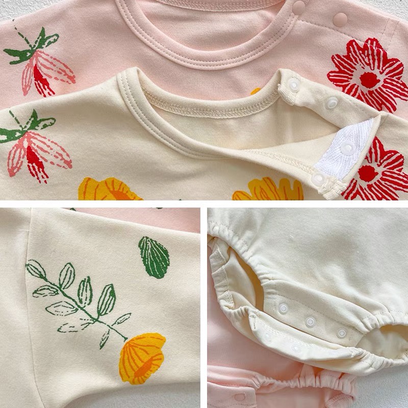 Áo liền quần dài tay in hoa đáng yêu cho bé gái 0-24 tháng