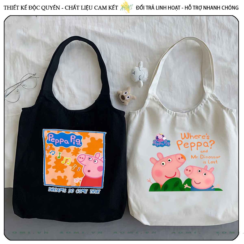 TOTE CANVAS heo peppa FORM TRÒN TÚI VẢI ĐEO VAI BAG NÚT BẤM SIZE LỚN AOMIVN DU LỊCH DẠO PHỐ CÁ TÍNH