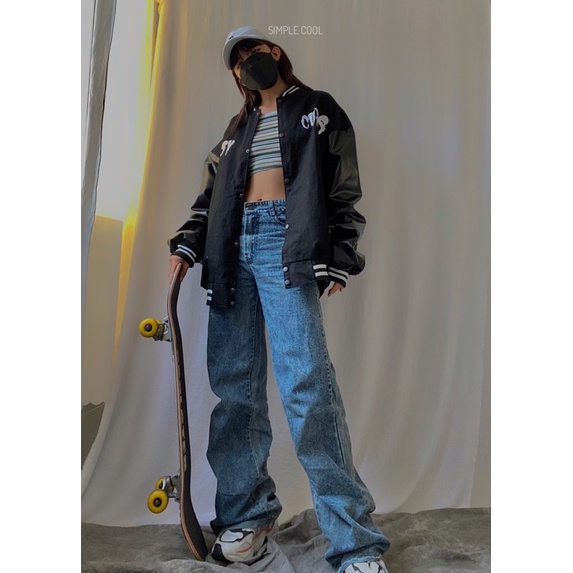 Áo Khoác Bomber Phối Tay Da - Video + Ảnh Thật size L XL XXL ( 45-95Kg )