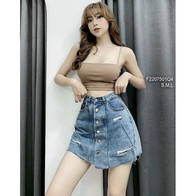 Quần jean nút giả váy bạ rách lưng cao!