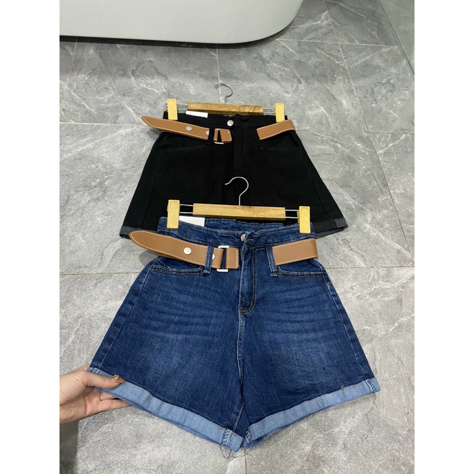 quần short jean lưng cao phối đai da lật gấu hottren