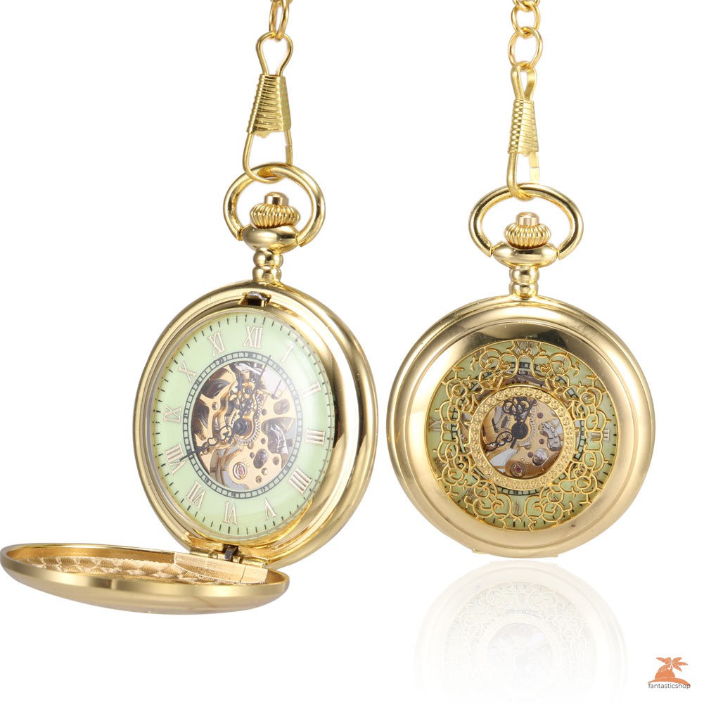 #Đồng hồ bỏ túi# Men Women Mechanical Pocket Watch Golden Hollow Carved Case with Chain