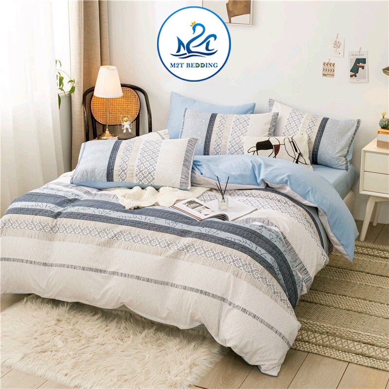 Bộ chăn ga gối Cotton poly M2T Bedding Thổ cẩm xanh, vỏ chăn mền, drap nệm và 2 vỏ gối