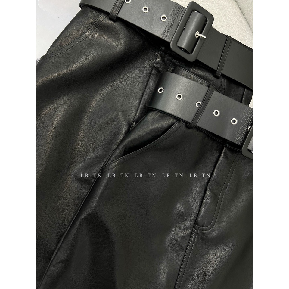 Chân váy da , dáng dài , xẻ trước , kèm đai, Hàng QC