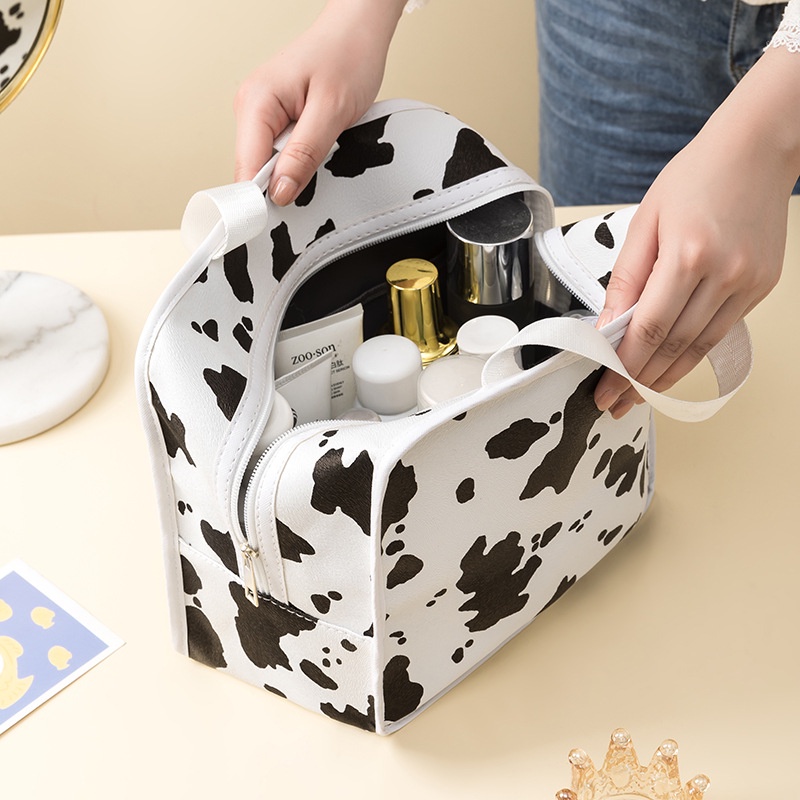 Túi Đựng Mỹ Phẩm Da PU Cỡ Lớn Họa Tiết Bò Sữa Độc Đáo Thời Trang