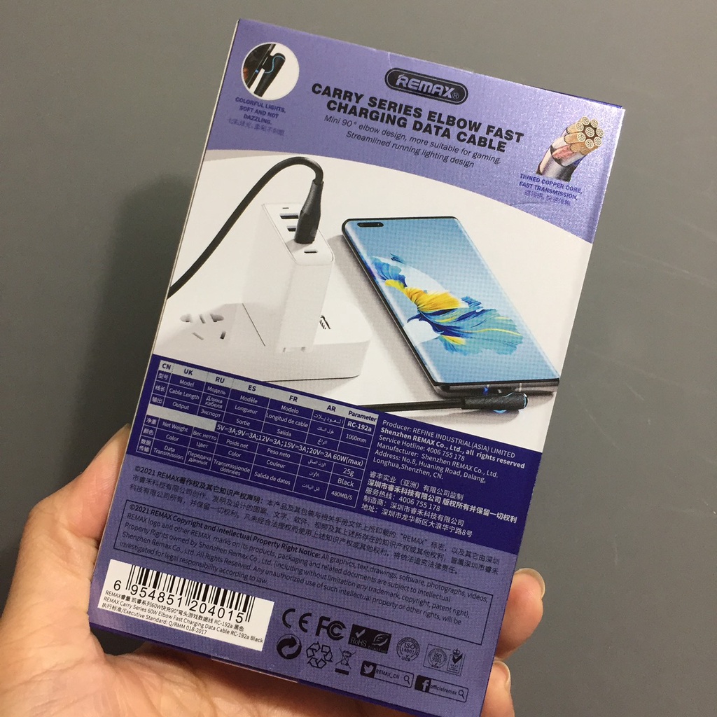 Cáp sạc C to C PD60W có đèn LED đầu chữ L chống gãy gập Remax RC192a
