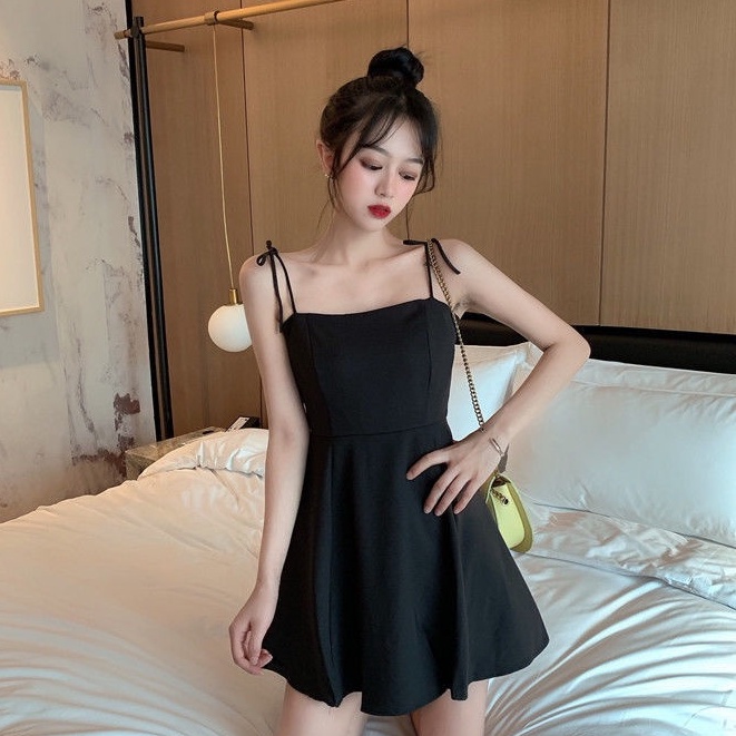 Đầm Ngắn Hai Dây Màu Đen Phong Cách Hàn Quốc Thời Trang Mùa Hè Dành Cho Nữ