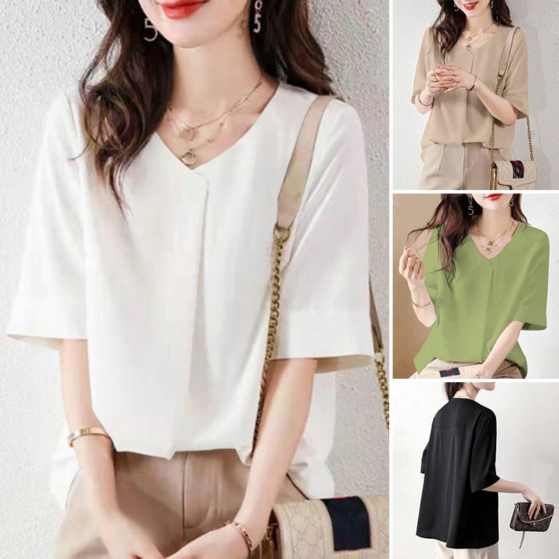 Áo ZANZEA tay lửng cổ chữ V màu trơn thời trang cho nữ