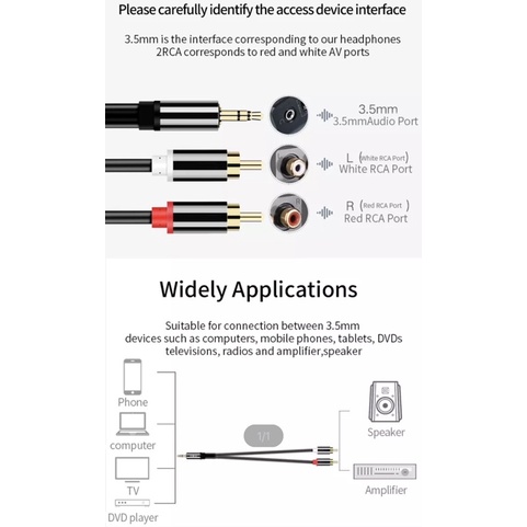 Cáp Âm Thanh 3.5 to 2 RCA - Jack Chuyển Đổi 3.5mm Sang RCA - HiFi Stereo AUX RCA for Amplifier