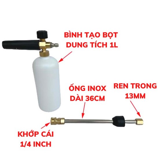 (Phù Hợp Với Máy Chạy Dây Curoa) Bình phun bọt tuyết 1000ml và ống inox dài 36cm dành cho máy rửa xe gia đình