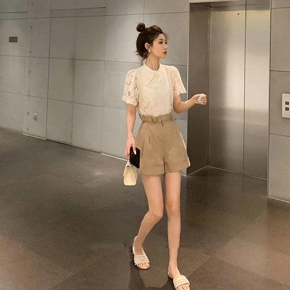 COZOK Áo Sơ Mi Ren Lỗ Tay Ngắn Cổ Đứng Phong Cách Hàn Quốc Dành Cho Nữ