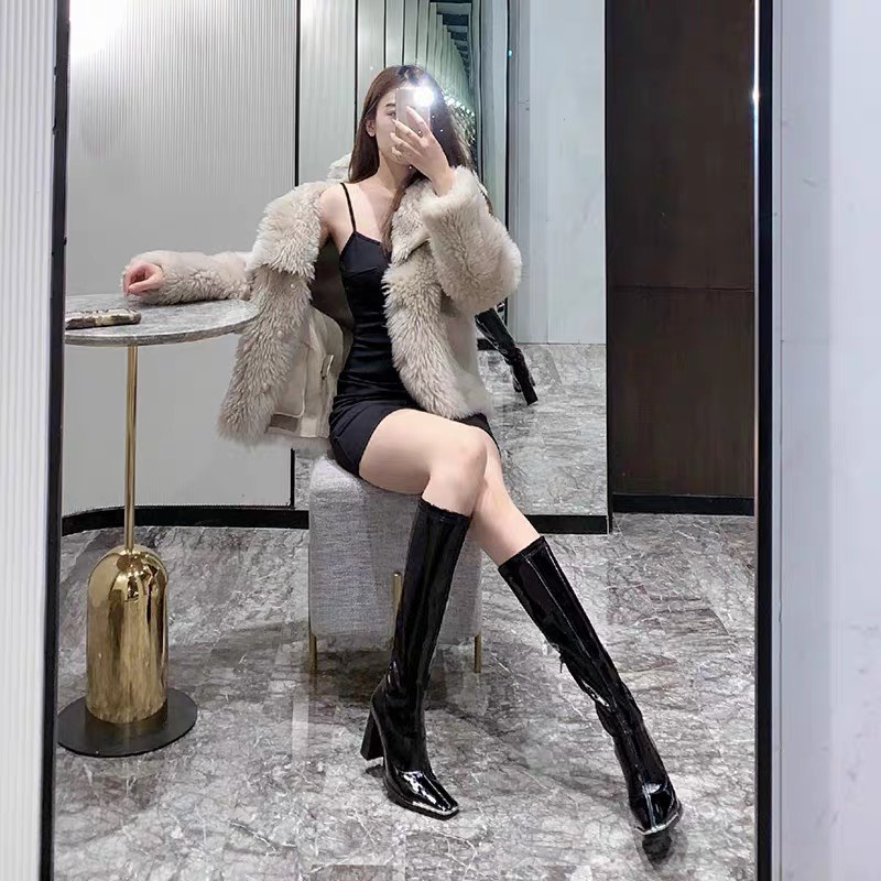SẴN_FORM TO ĐẶT LÙI 1 SIZE_Bốt đùi nữ lót lông mũi sắt gót vân gỗ hàng Quảng Châu