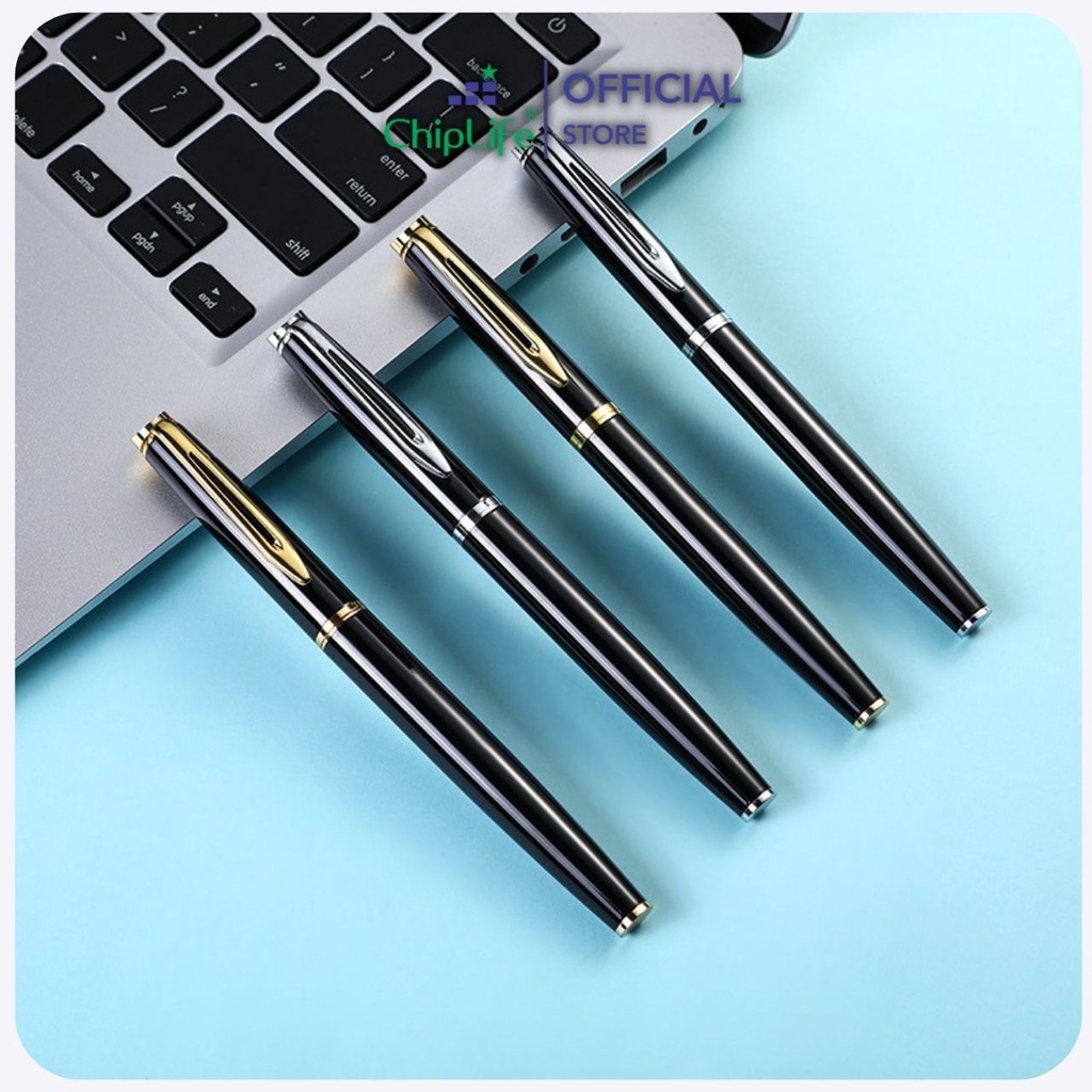 Bút kim loại nắp CHIPLIFE khắc tên P026 - ngòi 0.5mm đen viền vàng Pemall mực xanh