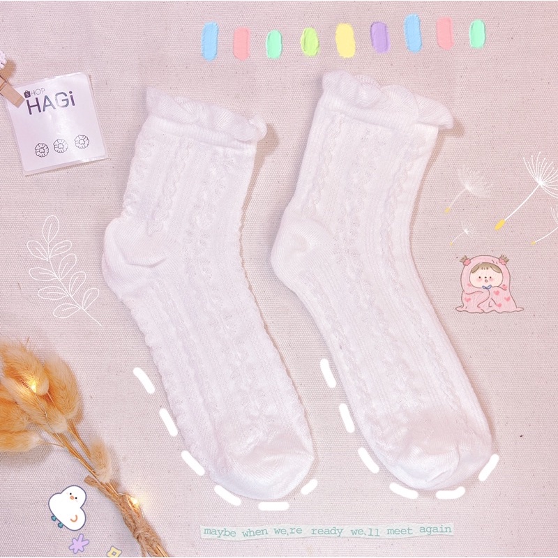 Set 5 Đôi Tất nữ Vintage Full Trắng Phối Ren Hoạ Tiết Dễ Thương Phong cách Hàn quốc Học sinh Sinh Viên