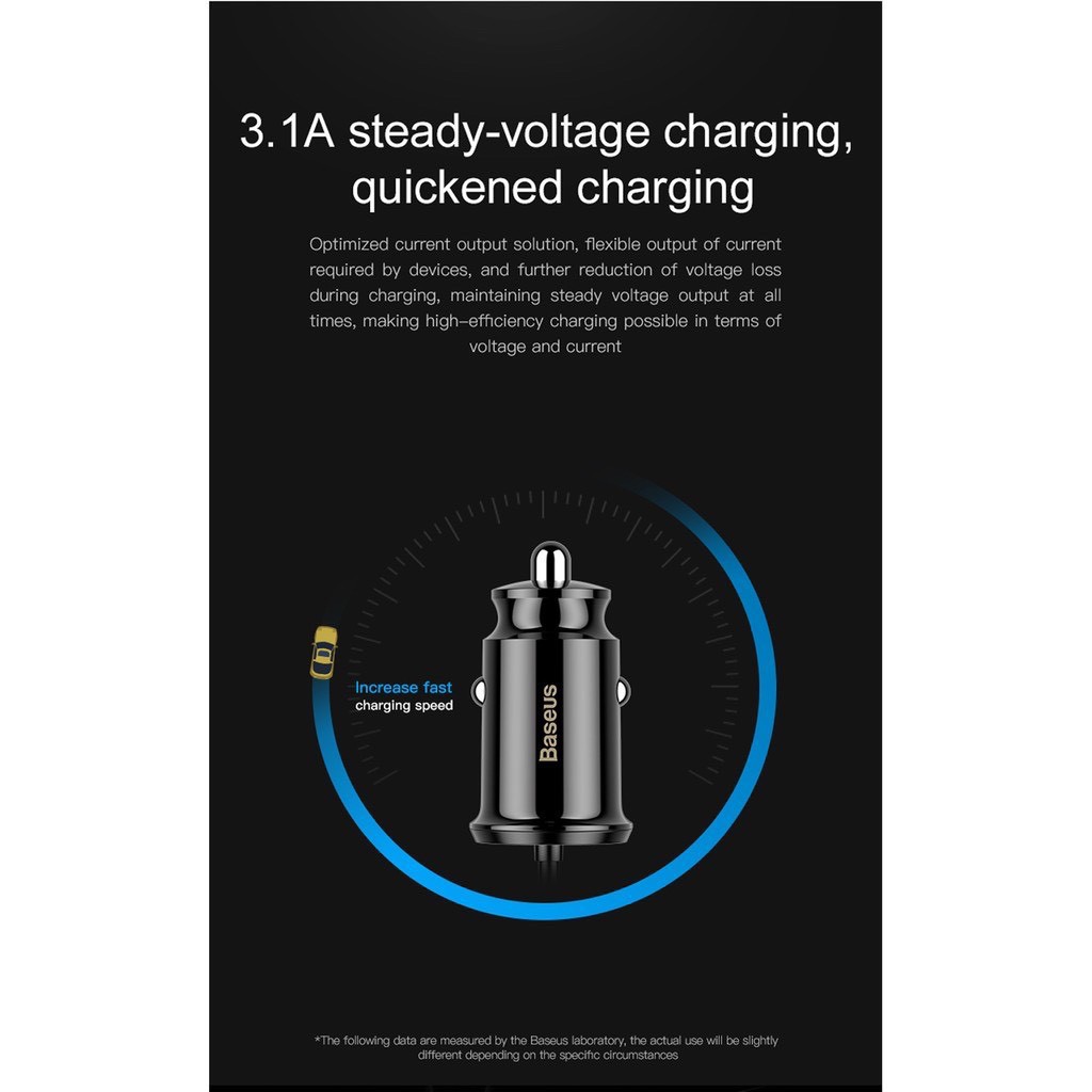 Tẩu sạc 2 cổng dùng cho xe hơi Baseus (5V, 3.1A Fast Charge, 2 cổng USB) - Sạc nhanh - Nhỏ gọn - Hàng chính hãng
