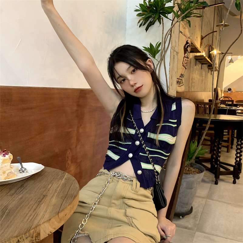 Áo khoác cardigan croptop XIAOZHAINV dệt kim sát nách họa tiết kẻ sọc trẻ trung thời trang dành cho nữ