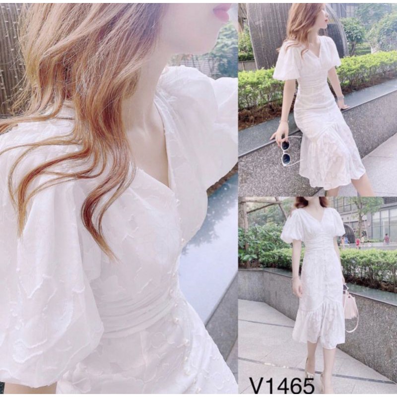 Đầm dự tiệc trắng đuôi cá chất voan thêu nổi