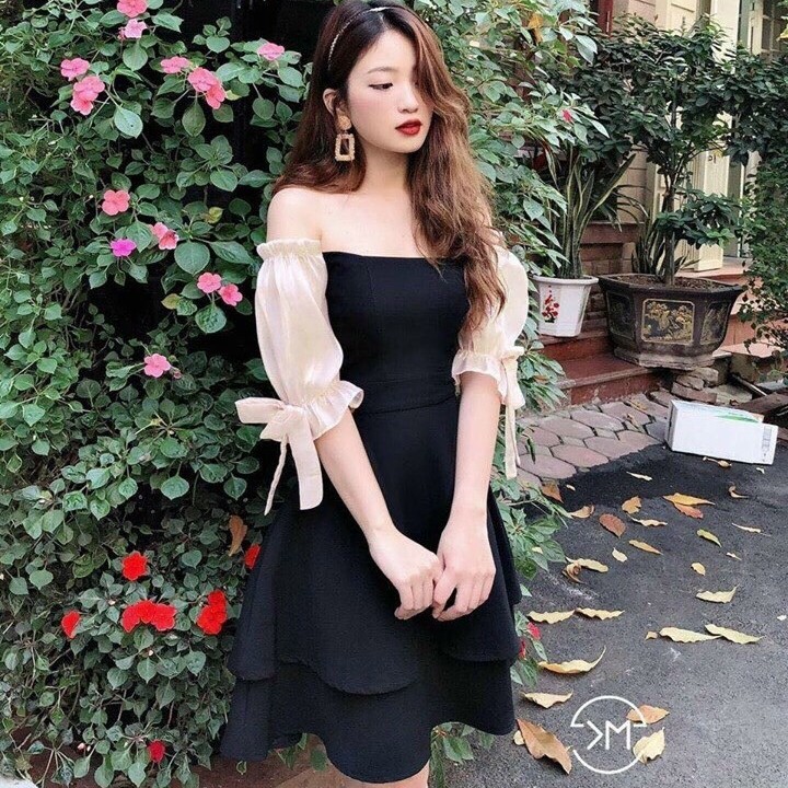 Váy đầm nữ dáng xòe hai tầng bẹt vai (có mút) HT106