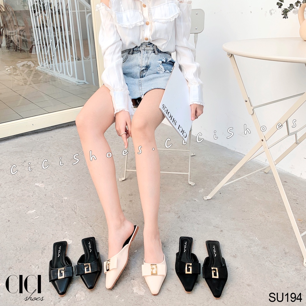 Giày sục nữ CiCi Shoes, dép sục mũi thon nơ ngang chữ G đồng - SU194