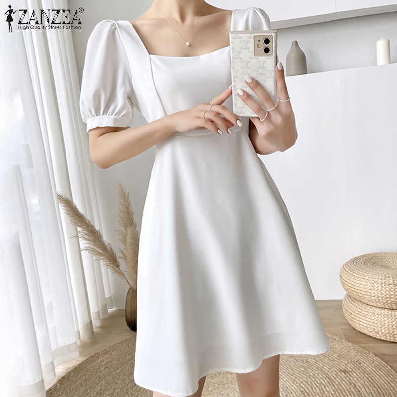 Đầm midi ZANZEA tay phồng cổ vuông có khóa kéo thời trang cho nữ