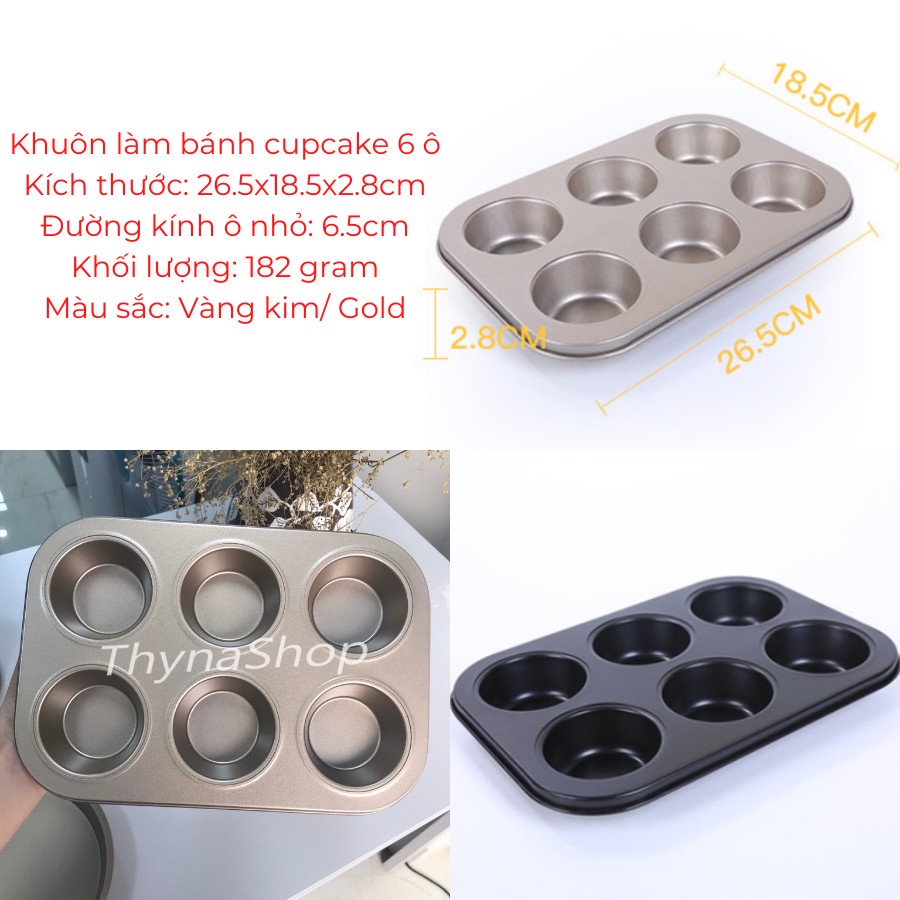 Khuôn Làm Bánh Cupcake 6 Ô Chống Dính Cao Cấp Màu Đen Gold - Thyna Store