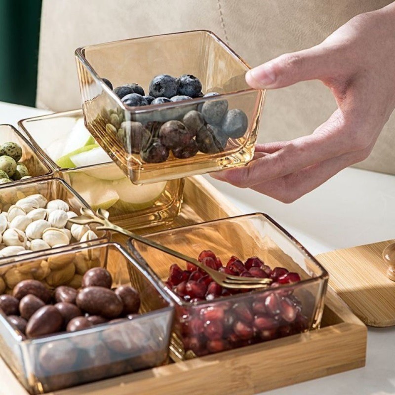 Khay mứt Tết 6 hũ thủy tinh màu hổ phách , đồ đựng ô mai, kẹo bánh: 13.68