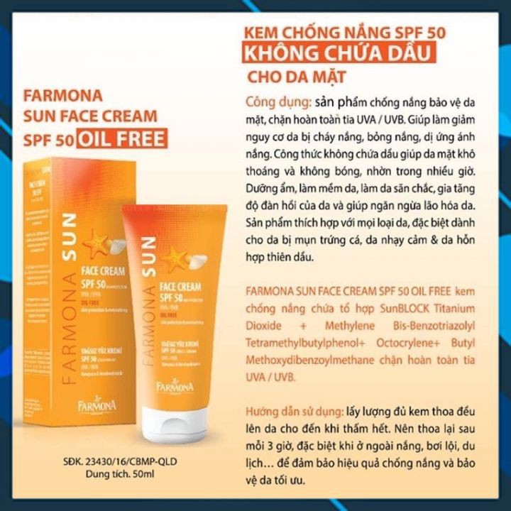 [Hàng Auth]Kem Chống Nắng Farmona Sun Face Cream Oil Free Spf 50 Cho Da Dầu Mụn White Store