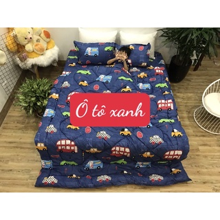 Bộ chăn phao ga gối 4 món poly,mẫu mới,mẫu ô tô xanh