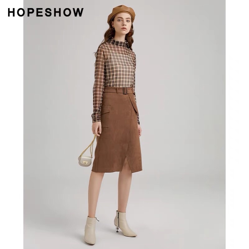 Chân váy da lộn nâu Hopeshow