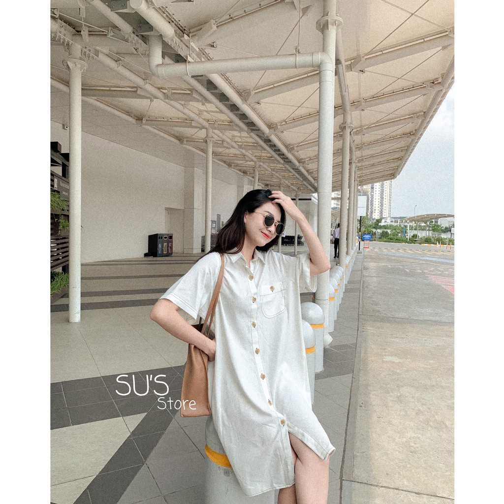 Váy sơ mi trơn cúc gỗ viền chỉ nổi V482 SUSTORE | BigBuy360 - bigbuy360.vn