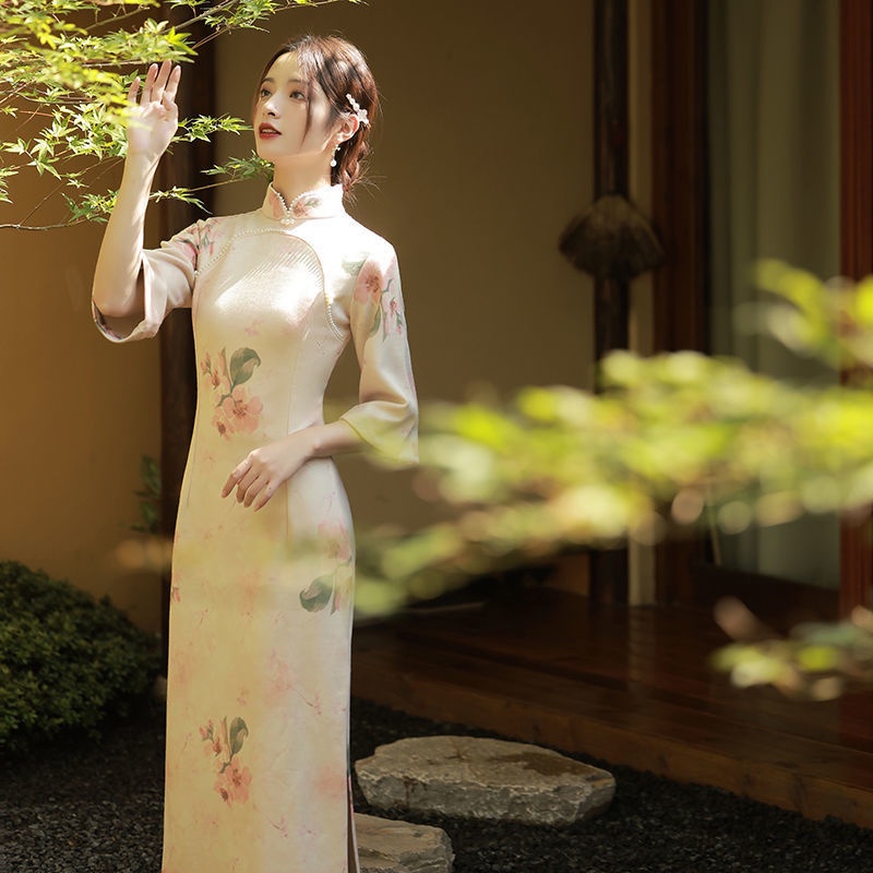 Sườn Xám Cách Tân Tay Dài Chất Da Lộn Thời Trang Thu Đông Mới 2021 Cho Nữ