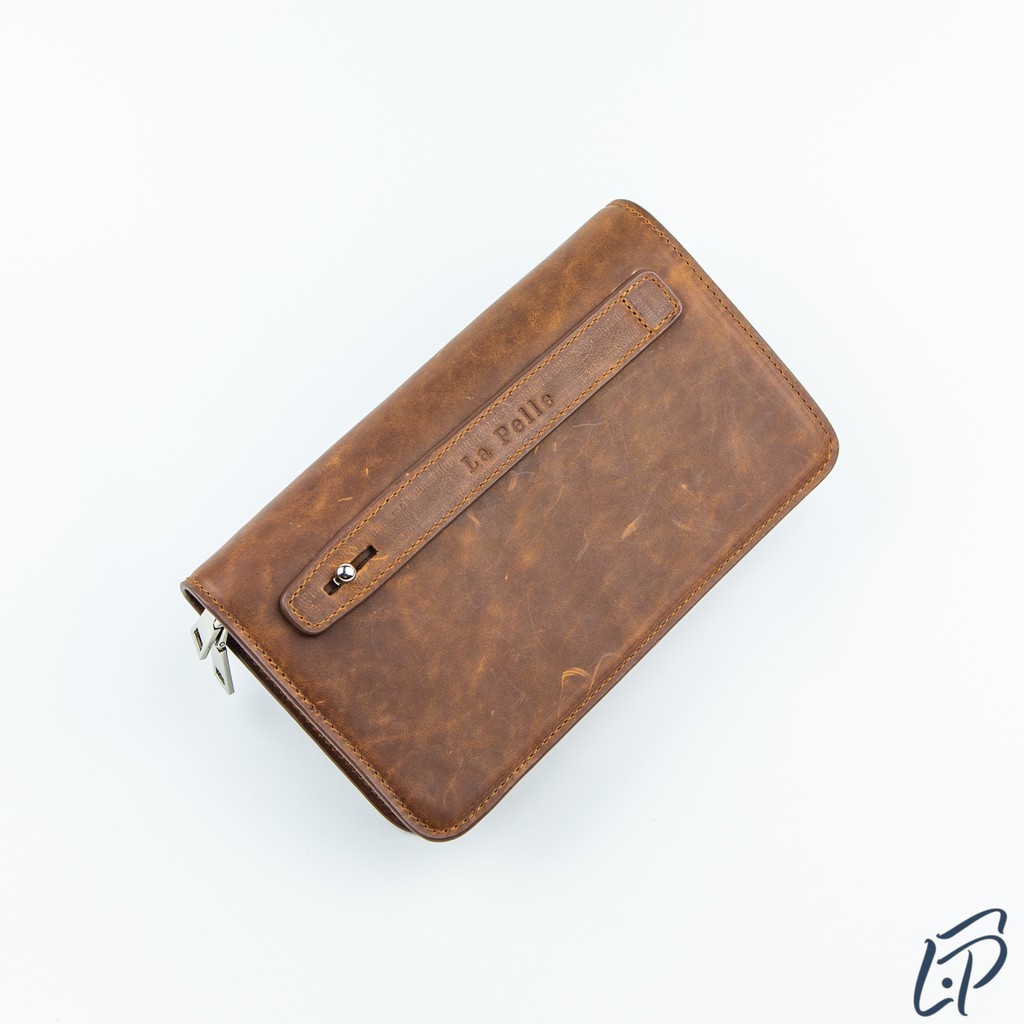 Ví dài cầm tay da bò thật, ví hai khóa kéo da sáp, clutch da bò sáp đựng tiền, điện thoại Design by LAPELLE