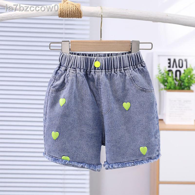 > Quần sooc denim cho bé gái mùa hè 2021 trẻ em mới ở tuổi trung niên năm điểm đùi nữ cạp cao mặc ngoài mỏng