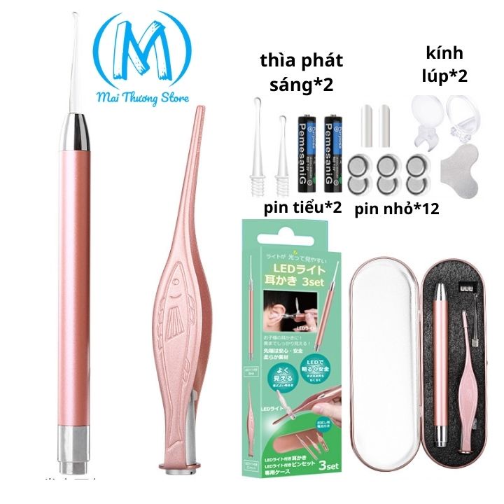 Dụng cụ lấy ráy tai, nhíp lấy ráy tay, bộ lấy ráy tai hộp gỗ sang trọng tích hợp đèn soi