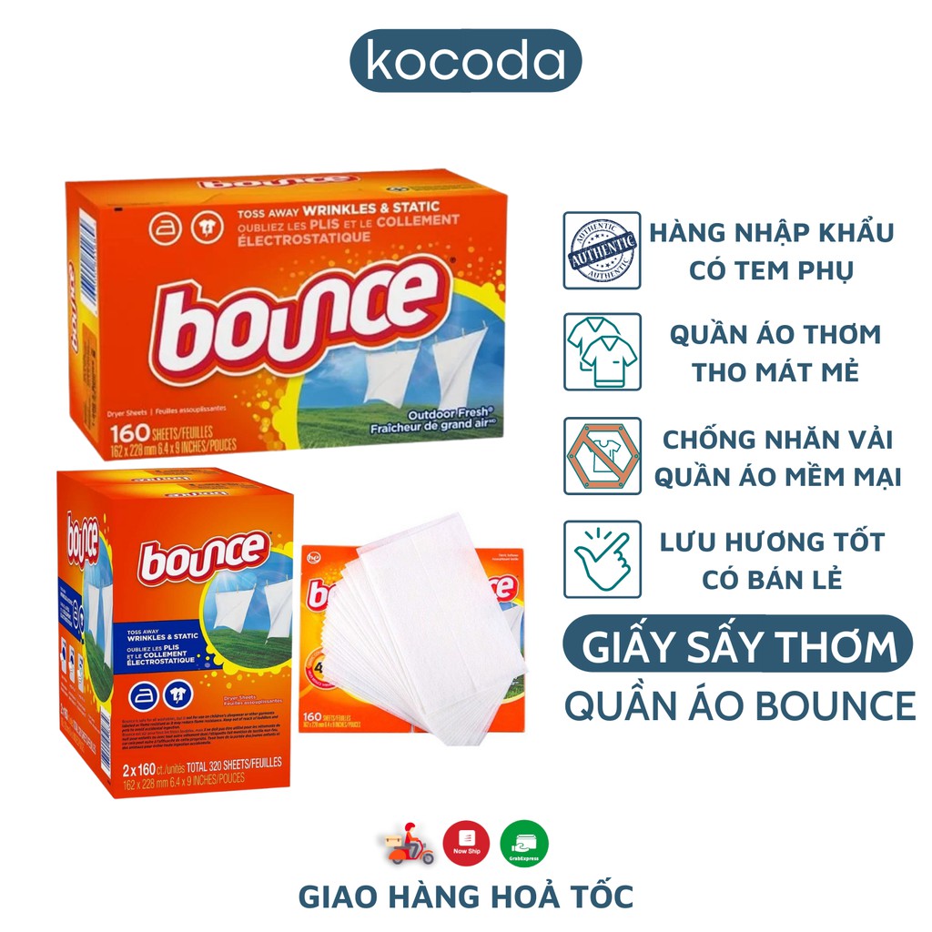 [Hộp 160 tờ] Giấy thơm quần áo Bounce hương Outdoor Fresh tươi mới, tự nhiên Nhập Khẩu Mỹ - KOCODA